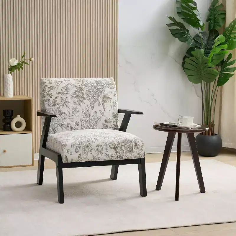 Mid-Century Modern Rubberwood Upholstered Armchair