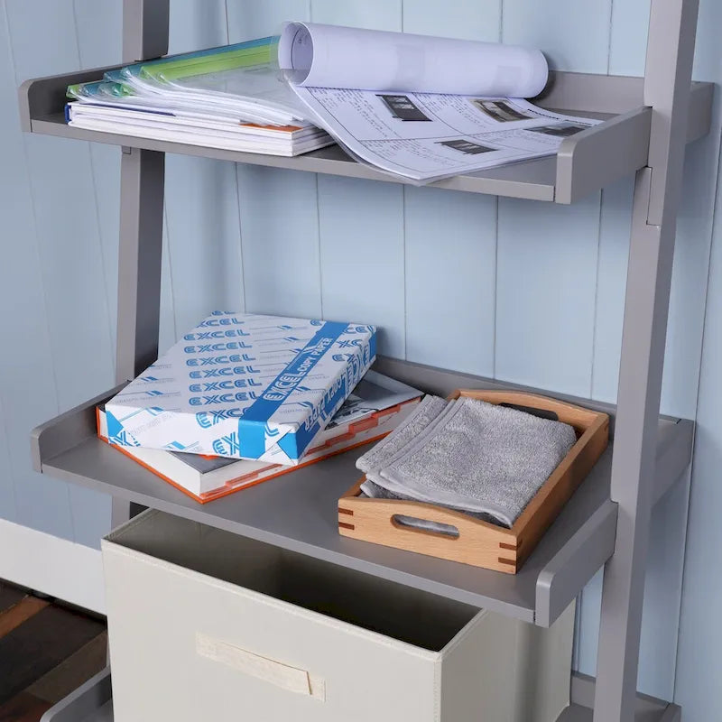 5-Tier Leaning Ladder Shelf Bookcase with Solid Wood Legs