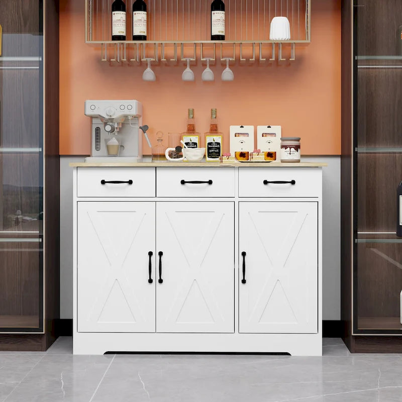 Farmhouse Buffet Cabinet Sideboard with 3 Drawers and 3 Doors, White