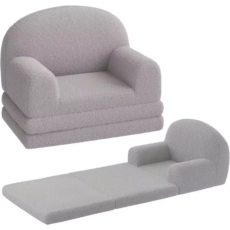Acekool 2-in-1 Kids Convertible Couch, Soft Teddy Fleece Toddler Chair Transforms into Lounger or Bed, Plush Children's Sofa for Playroom and Nursery