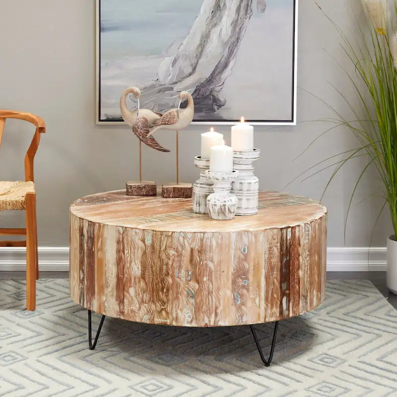 Handmade Mango Wood Distressed Coffee Table | Black Hairpin Legs | 36.5 Round | 100 lb