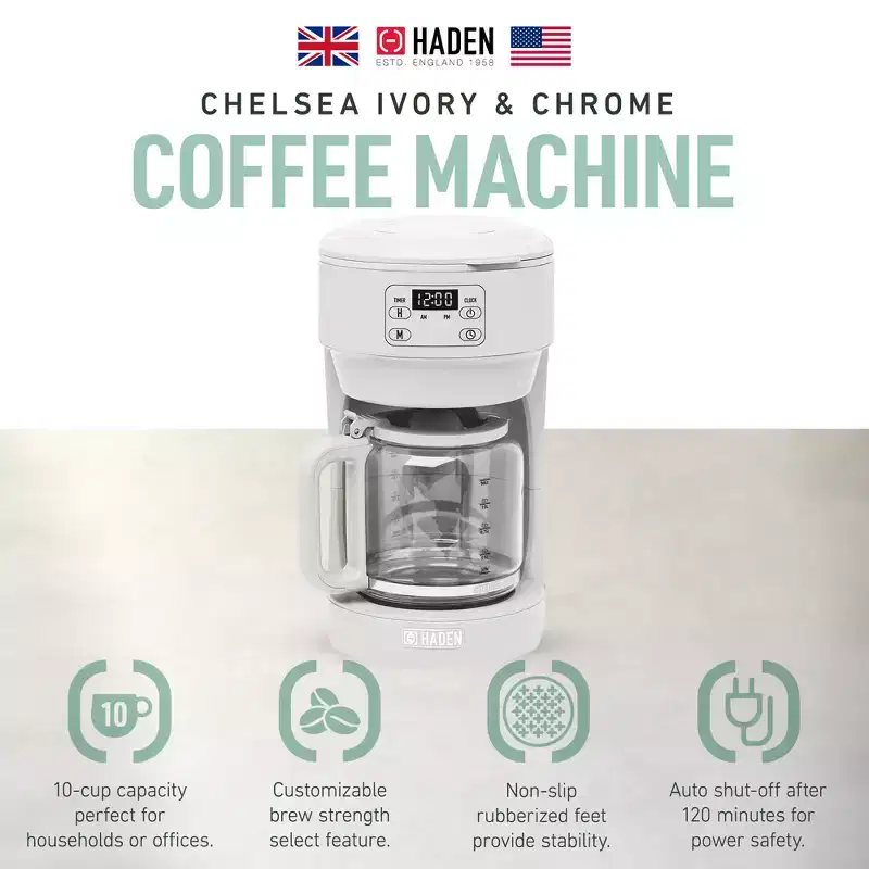 Haden Chelsea Coffee Machine, 10 Cup Programmable Drip Coffee Maker with Auto Shut-Off Function and Keep-Warm Function, Ivory & Chrome