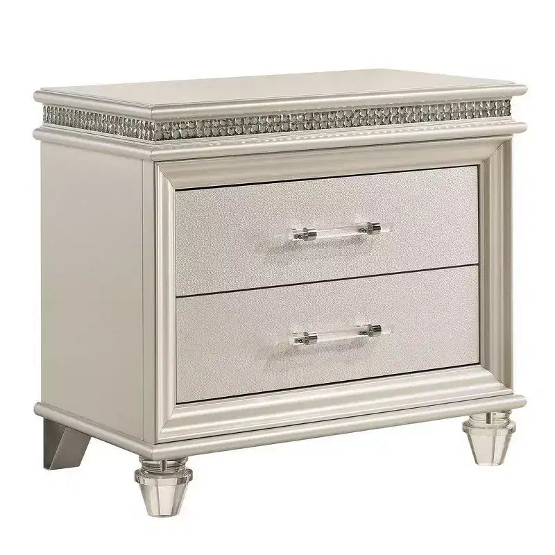 Royal Hampton 2 Drawer Nightstand with Acrylic Feet and Crystal Accents, Silver