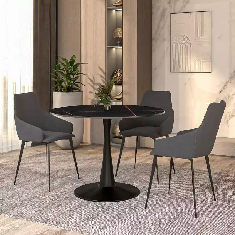 LeisureMod Bristol 40 Round Dining Table  Sintered Stone Top Accent Caf Table & Sturdy Steel Black Pedestal Base for Kitchen and Small Spaces