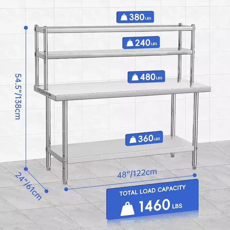 Stainless Steel Table 48x24, Heavy Duty Metal Commercial Prep Table with Four Tiers of Storage with Hooks for Kitchen, Home, Hotel Food Prep