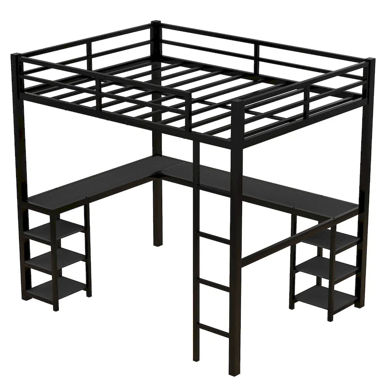 Full Metal Loft Bed with Desk and Shelves