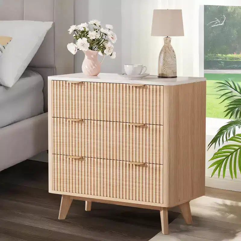 32 Width Fluted Nightstand Set of 2, Modern 3 Drawer Bedside Table , End Table for Bedroom, Living Room, Hallway (Walnut 2pcs)