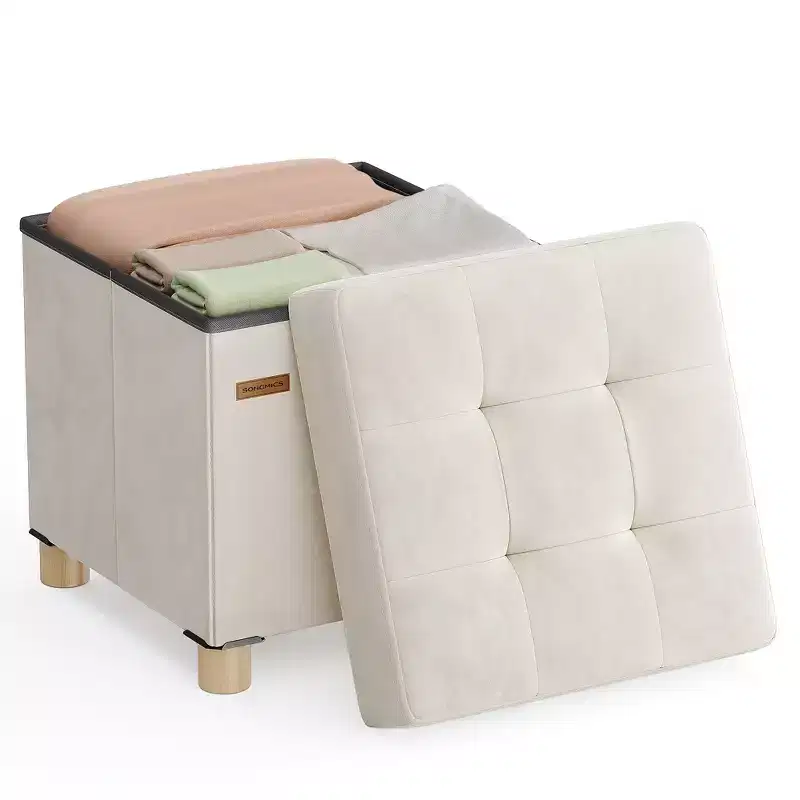 SONGMICS Small Storage Ottoman,Folding Ottoman Cube,15 x 15 x 15.7 Inches,Footstool,Footrest,9.8 Gal. (37 L),Velvet Surface