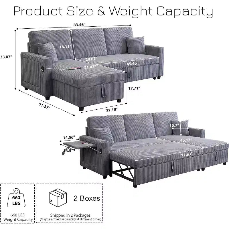 MooxvMoo 83 Convertible Sofa Bed Couch with Storage & USB Port, 4 in 1 L Shaped Sofa with Pull Out Couch Bed, Side Table, Cup Holder,Grey