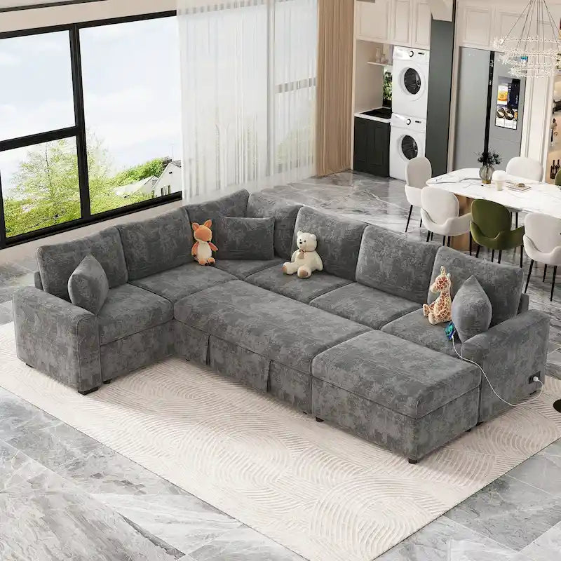 Chenille Sectional Sofa Pull-out Sofa Bed, L-Shape Sleeper Sofa with Storage Ottoman, 3 Pillows and Charging Devices