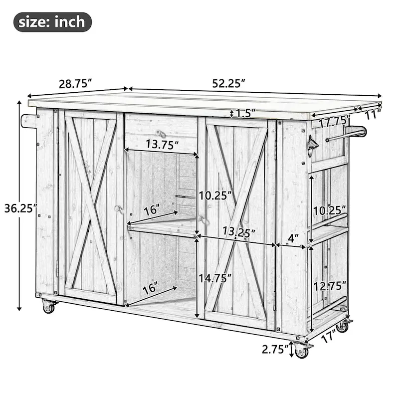 Outdoor Kitchen Island, Rustic Fir Wood with Stainless Steel Top and Smart Storage
