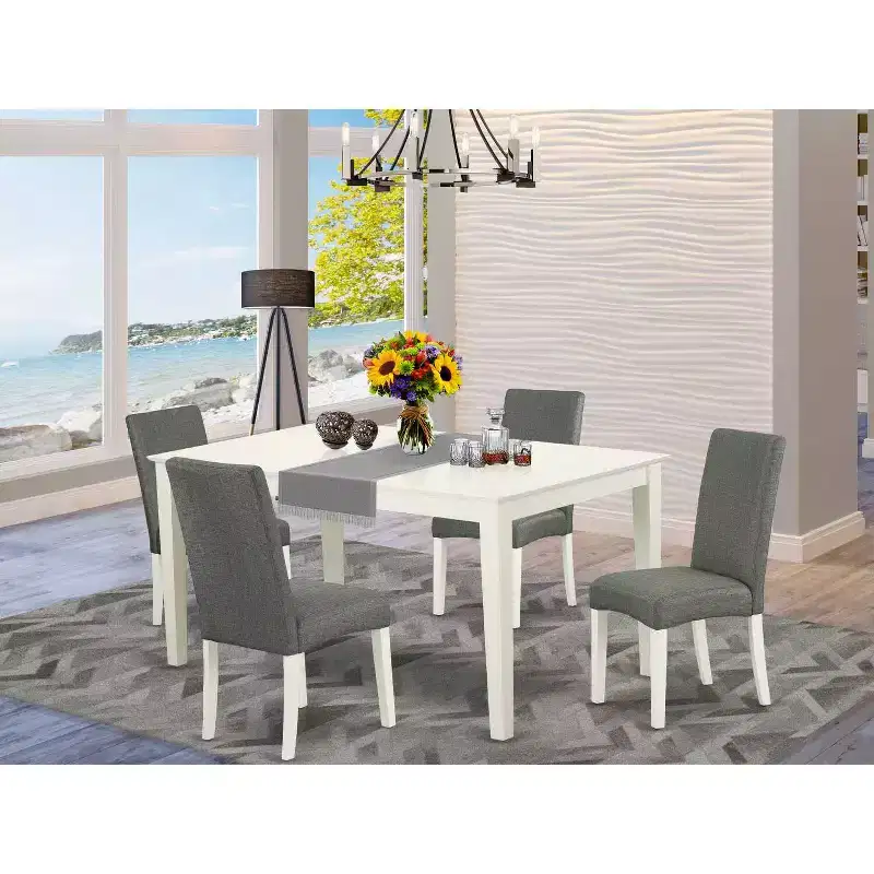HomeStock 5-Piece Rectangle Linen White Finish Solid Wood Top Dining Table with 4 Parson Chair