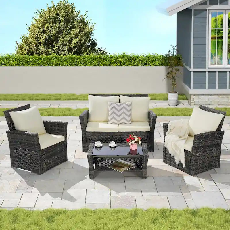 4 Piece Patio Furniture Set, Outdoor Rattan Wicker Sofa Set with Water Resistant Cushion and Tempered Glass Coffee Table
