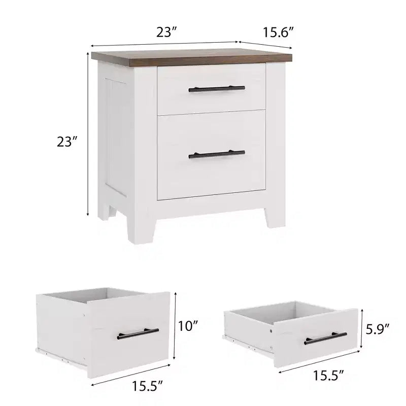 Garvee Nightstand With 2 Drawers, Farmhouse Night Stand With Brown Tabletop, Distressed White , Supports 170 LBS