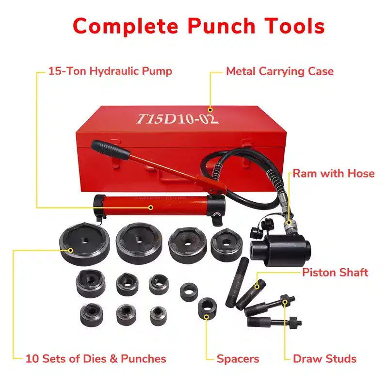 Yescom 1/2 to 4 15-Ton Hydraulic Knockout Punch Set 10-Die Conduit Hole Punch Driver Kit for Metal Aluminum Stainless Steel - Red