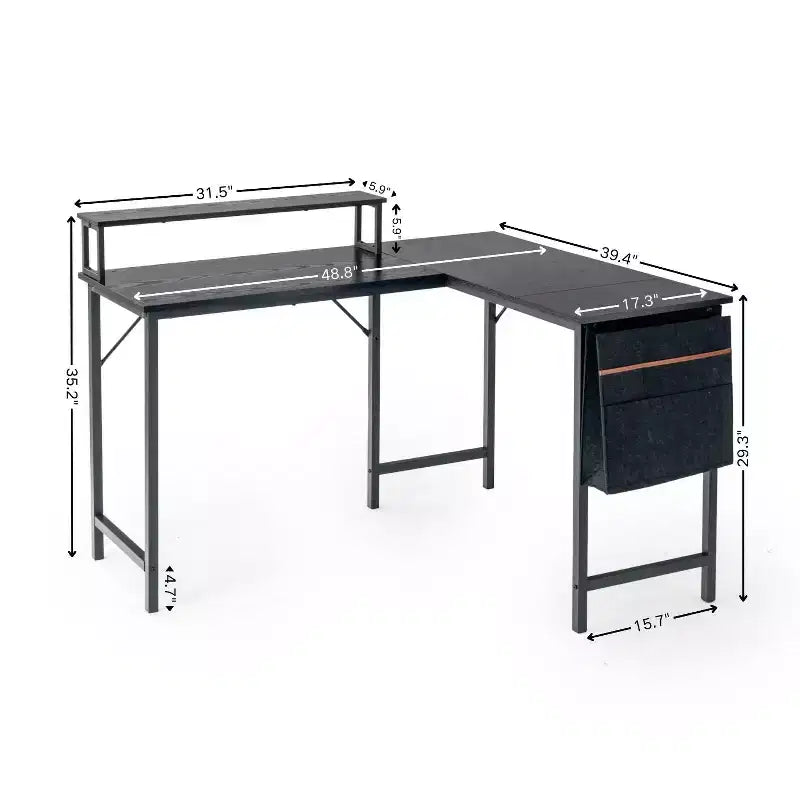 FurnitureR L Shaped Computer Desk Reversible with LED Lights, 48.8 Writing Gaming Table with Shelf, Home Office Desk Corner Desk with Storage Bag