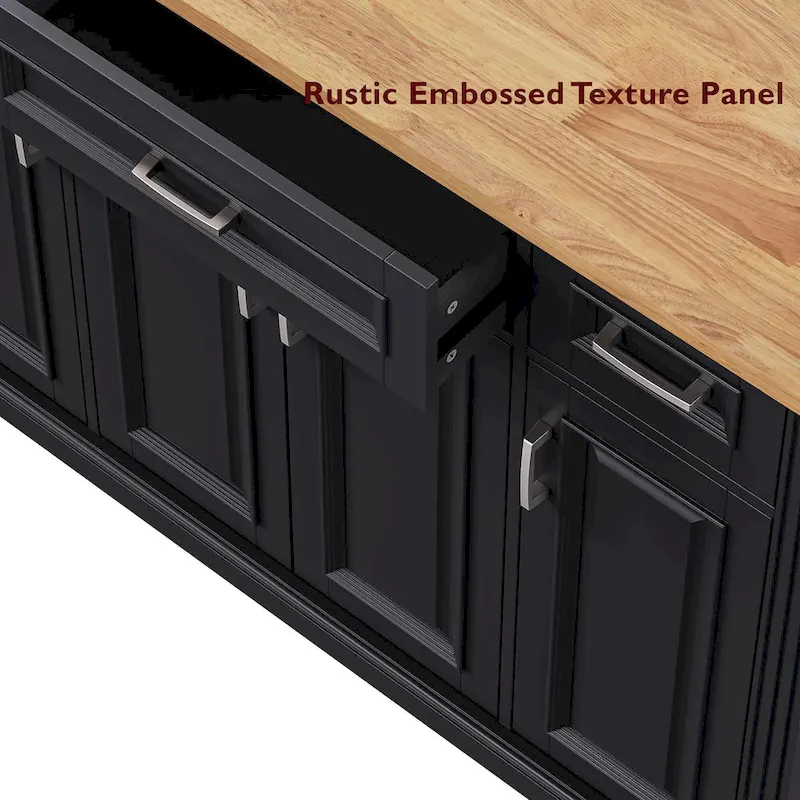 54  Large Kitchen Island with Rubber Wood Drop Leaf, Embossed Texture Rolling Kitchen Cart on 4 Wheels with 4 Doors & 3 Drawers