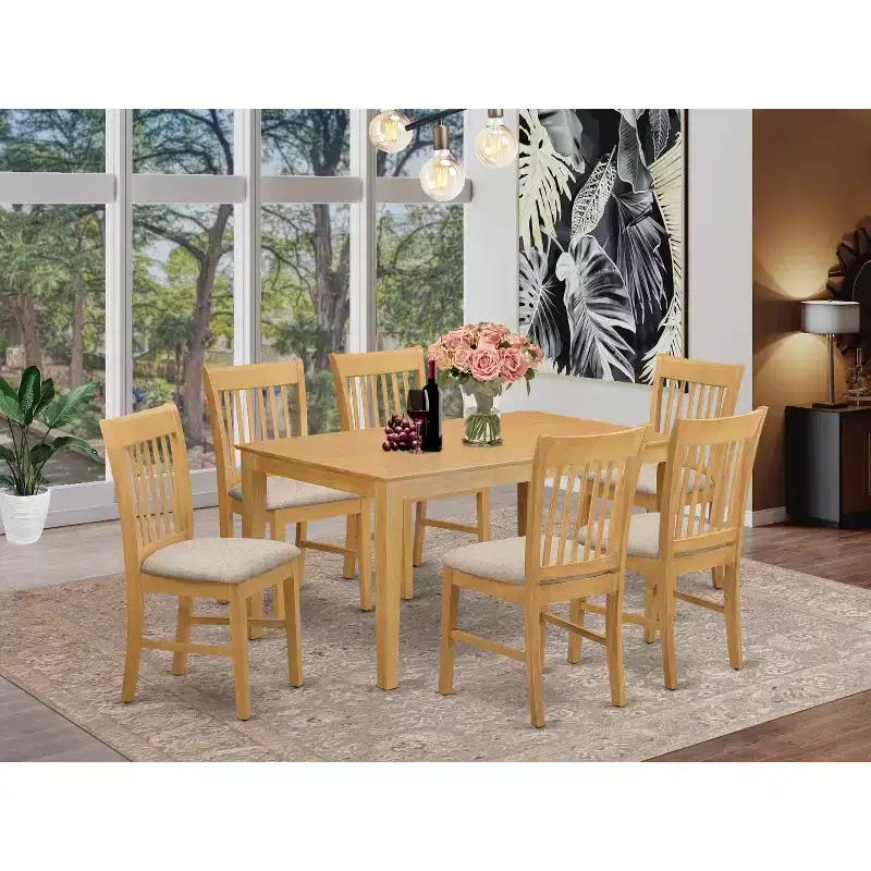 HomeStock 7-Piece Rectangle Natural Oak Finish Solid Wood Top Dining Table with 6 Chairs