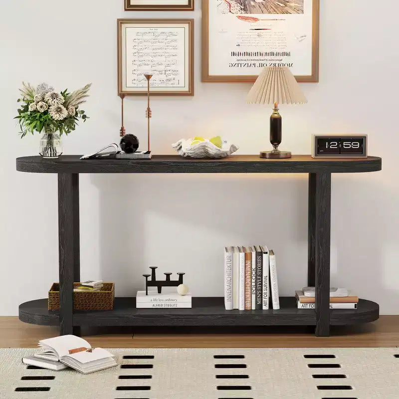 Okak 2-Tier Minimalist Ash Veneer Oval Console Table with Streamlined Top,Modern Entryway Table for Study,Hallway,Living Room