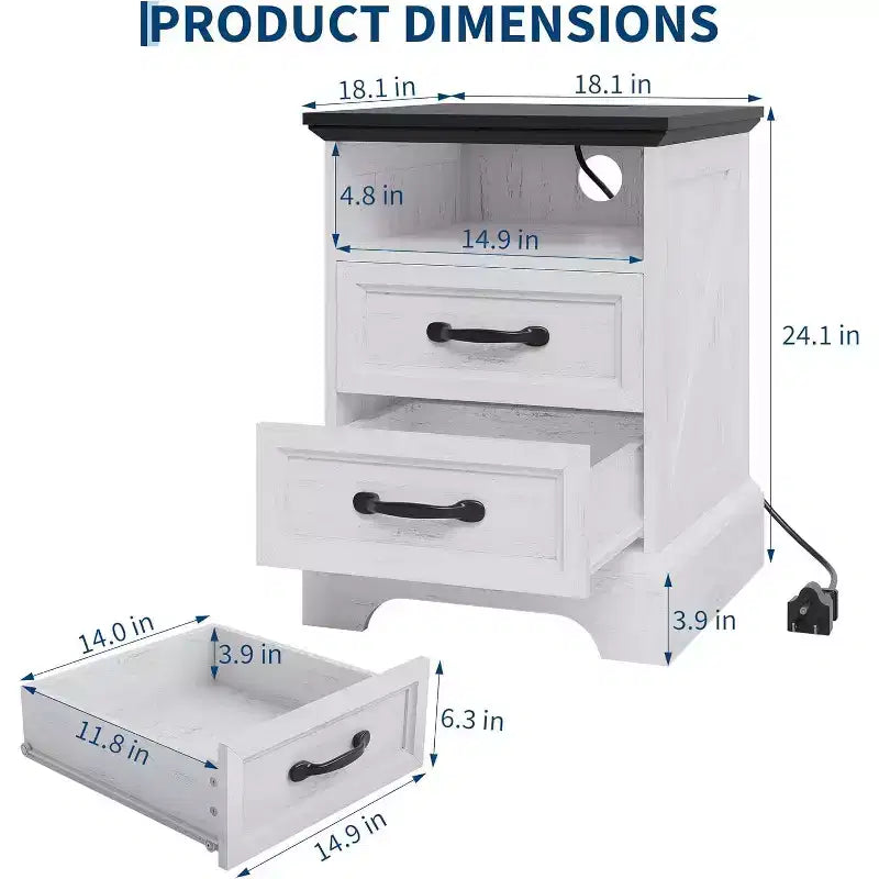 Farmhouse Nightstand Set of 2 with Charging Station - 24 Wide Rustic White End Tables with 2 Drawers for Bedroom