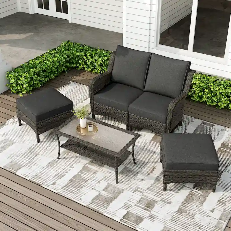 Outdoor Patio Rattan Sectional Sofa Set With Ottoman