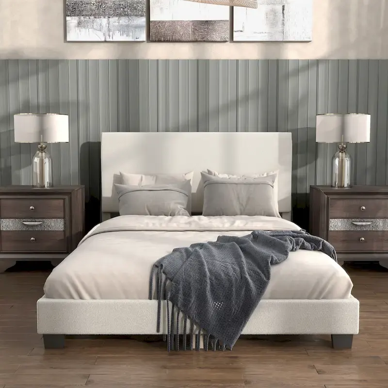 Modern White Boucle Adjustable Queen-Size Platform Bed