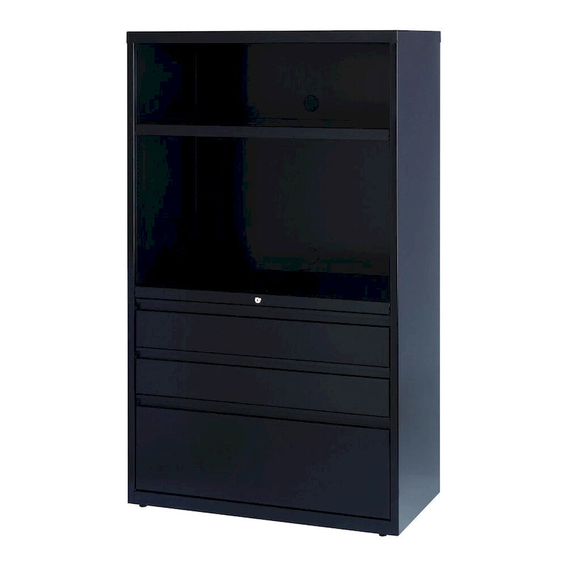 Black Steel Lateral File Cabinet with Locking Drawers and Open Shelves
