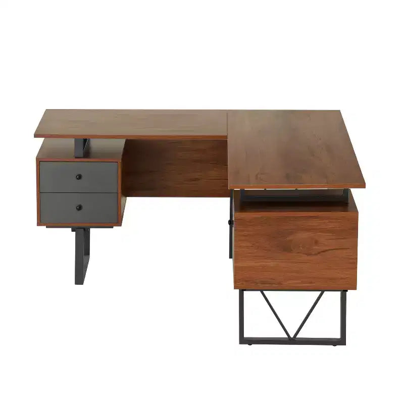Reversible L Shaped Computer Desk with Drawers and File Cabinet Walnut - Techni Mobili: Engineered Wood, PVC Laminate, Steel Frame