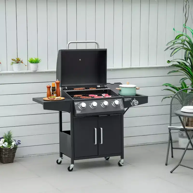 Outsunny 4 Burner Propane Gas Grill with Side Burner, 50,000 BTU Steel Outdoor Barbecue, Wheels, Warming Rack, Shelf, Cabinet, Thermometer