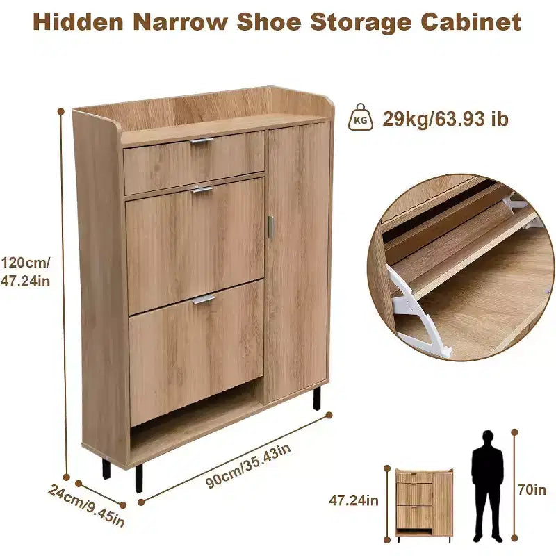 Narrow Shoe Storage Cabinet with 2 Flip Drawers, Adjustable Shelves, Wave Design & Metal Legs for Entryway or Hallway