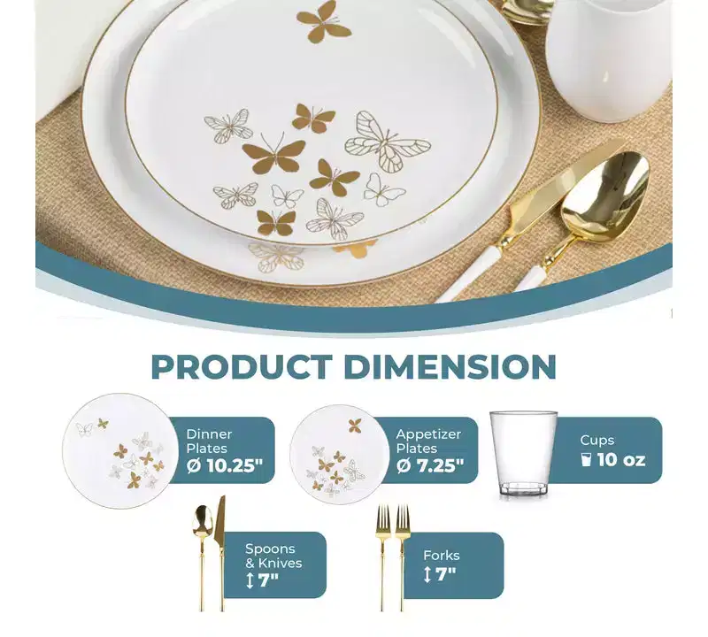 Posh Setting 420 Piece White And Gold Plastic Party Bundle - Butterfly (60 Settings)