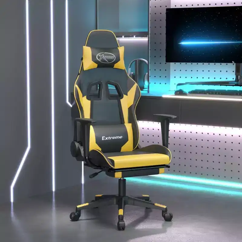 vidaXL Black & Gold Faux Leather Massage Gaming Chair with Footrest, Adjustable Backrest and Swivel Design, Sturdy and Stylish Comfort for Gamers