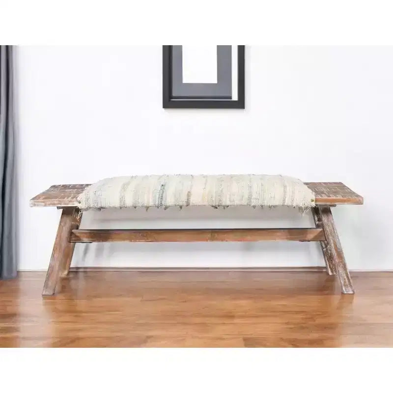 HomeRoots 50 White and Brown Cotton Upholstered Striped Bench