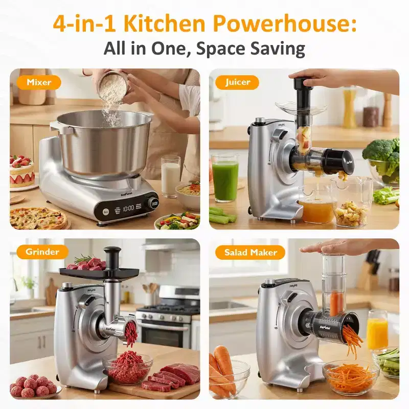 Heynemo 4-in-1 Multifunction Stand Mixer with Fermentation, 5.3QT Electric Dough Mixer for Chinese & Western Dough, Juicer, Meat Grinder, Salad Maker