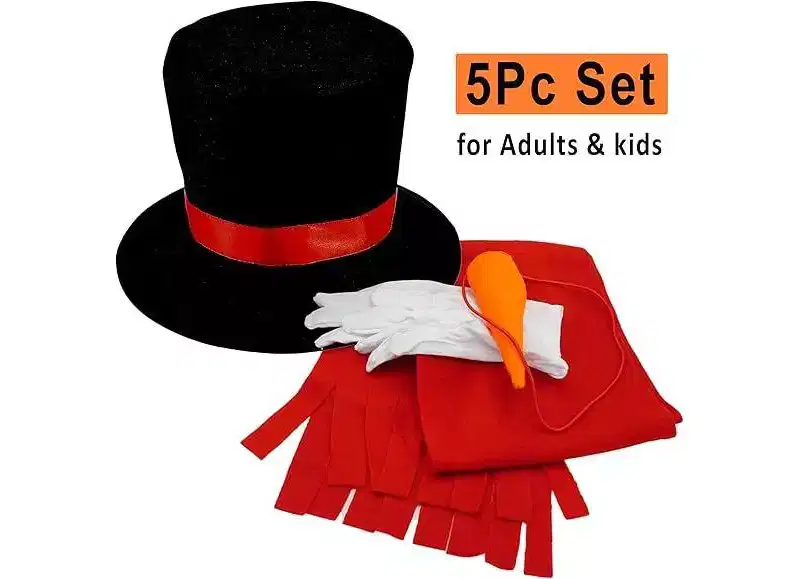 4E's Novelty 5 Piece Set Snowman Costume Kit - Top Hat, Shawl, Gloves, Carrot Nose - Fun Snowman Costume Adult & Kids Set for Christmas Holiday Fun