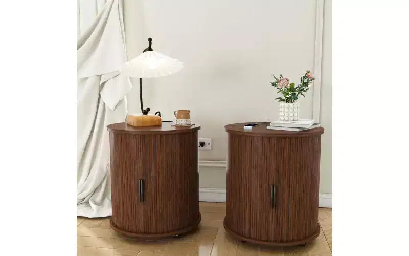JVNOXK Medieval-inspired modern cylindrical side table with charging station and sliding door for storage, suitable for bedrooms, walnut