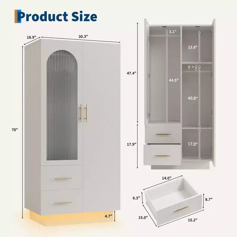 COZONY White Armoires, 2 Door Storage Cabinet with Glass Door and Drawers, Tall Wooden Organizer with Hanging Rods