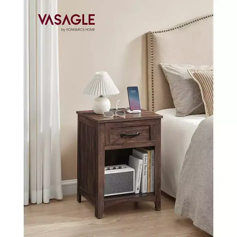VASAGLE Farmhouse Nightstand with Charging Station, Bedside Table with Drawer for Bedroom
