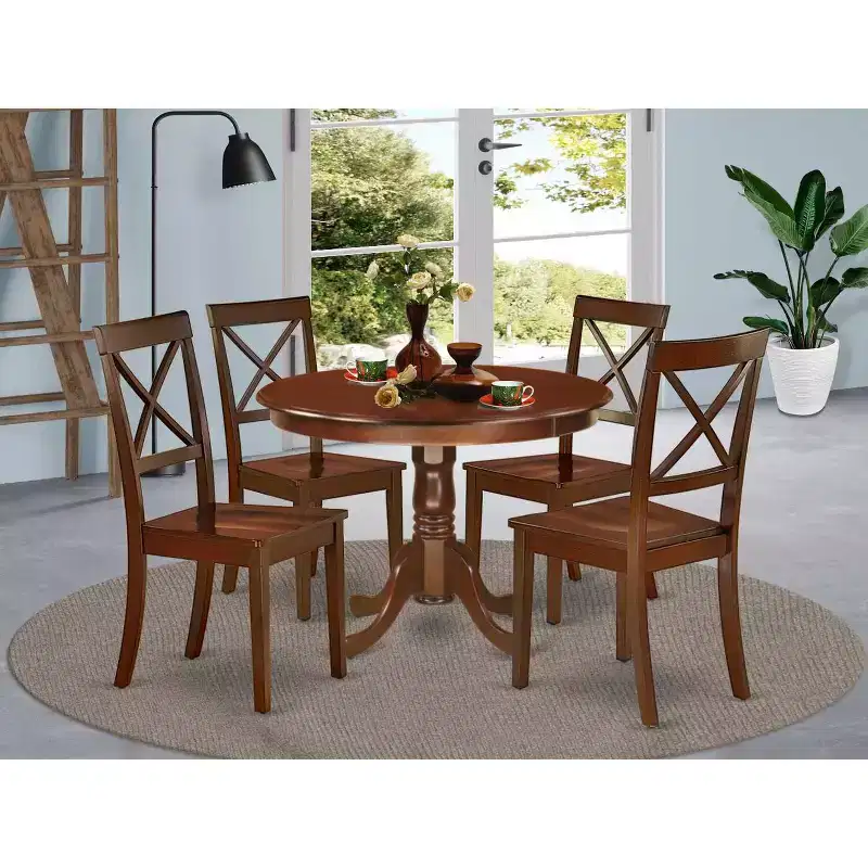 Victorian Dinette Set for 4 - 42 Inch Round Table & 4 Chairs - Mahogany Finish Dining Room Furniture