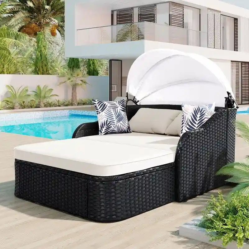 Outdoor PE Rattan Daybed Sunbed with Adjustable Canopy, Double lounge
