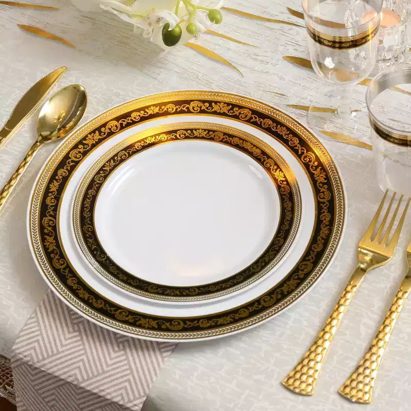 Posh Setting 40 Pack Black and Gold Round Plastic Dinnerware Value Set - 20 Guests - Royal