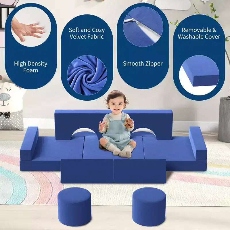 Modular Kids Play Couch, 13Pcs Kids Explorer Couch, Convertible Foam Play Couch for Bedroom and Playroom Furniture, 2 Seat Gray Couch for Kids