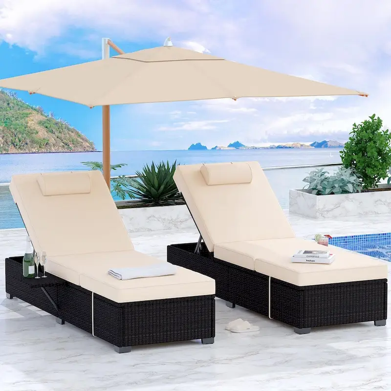 PE Rattan Chaise Lounge Chair Set of 2, 2.3 in Thicken Cushion