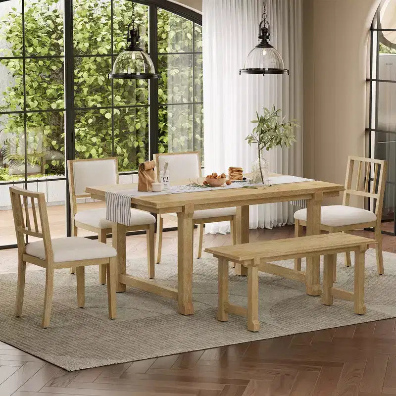Whisen 6-Piece Farmhouse Dining Table Sets, Kitchen Wood Dining Set Furniture for 6, Rectangle Dining Table and 4 Chairs, 1 Bench