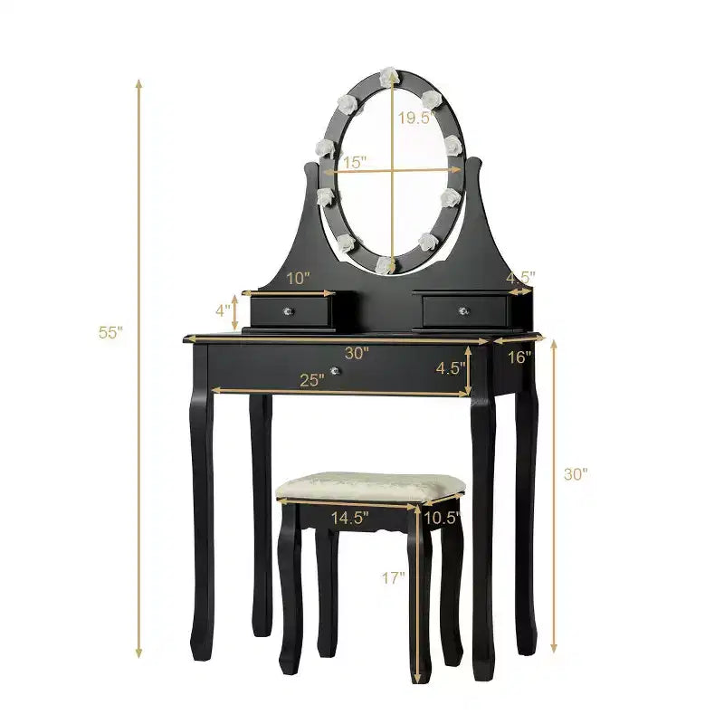 Black Vanity Dressing Table Set with LED Lights & Mirror, 3 Drawers, 1-Person