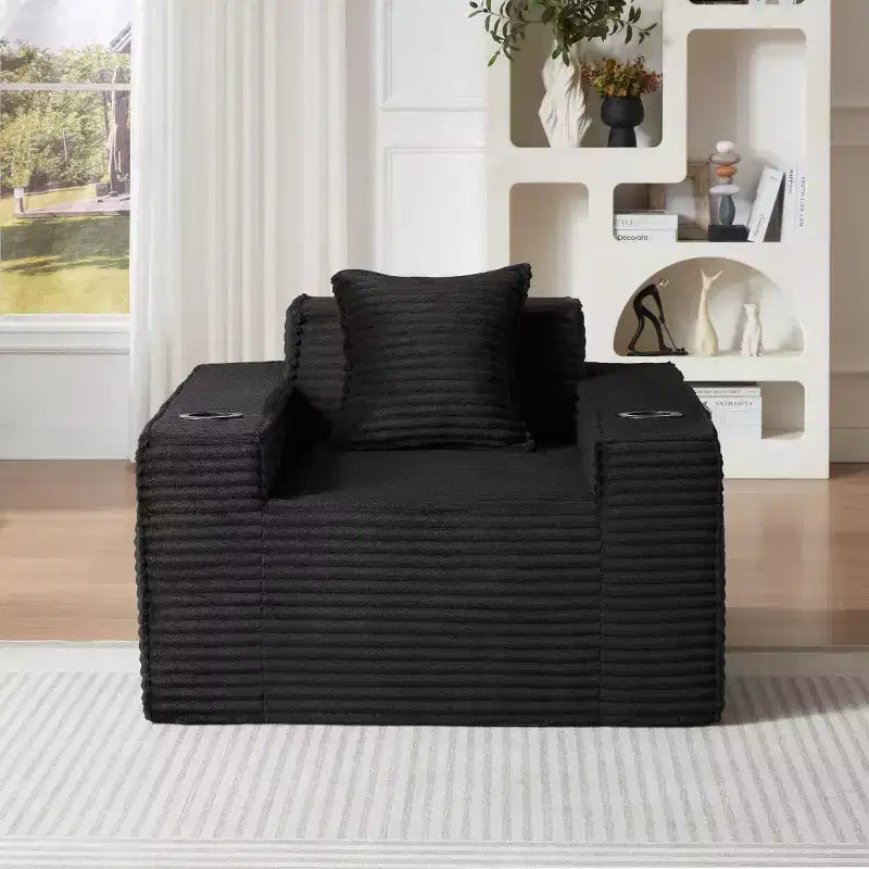Modern Corduroy Single-Seat Sofa with Cup Holder, Comfy Deep Seat Chair for Compact Living Rooms, Apartments, and Offices-Panipeachy