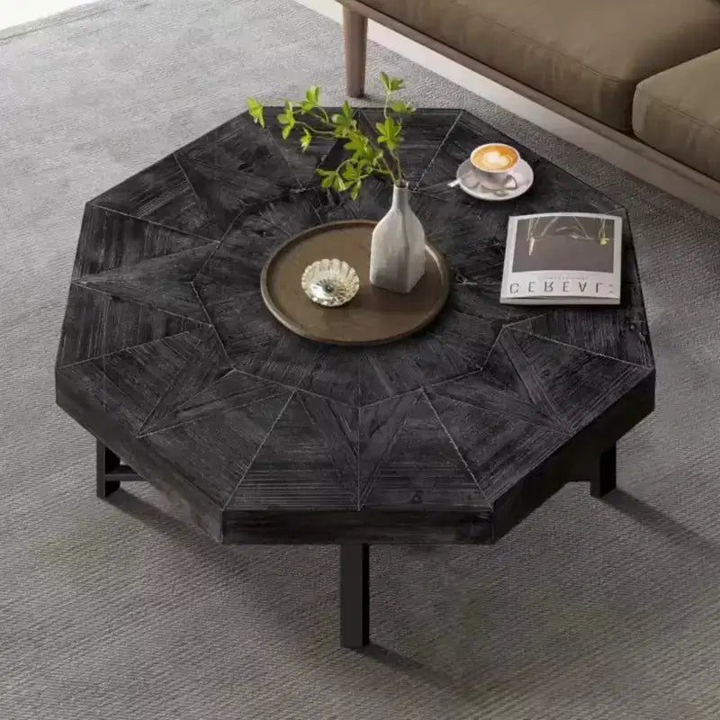 Clihome Wood Octagonal Vintage Patchwork Craft Farmhouse 30 Inch Wooden Table Top Cross Metal Legs Coffee Table for Living Room