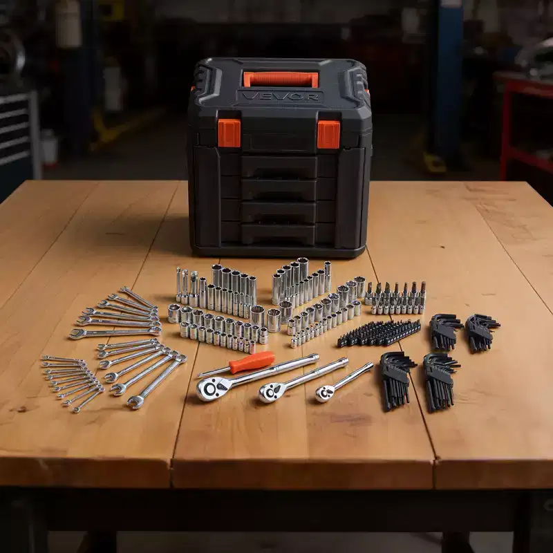 VEVOR Mechanics Tool Set, 230-Piece Mechanic Tool Kit, 1/4 in, 3/8 in, and 1/2 in Drive, SAE and Metric Socket Set, Wrenches, Screwdriver Bits,Black