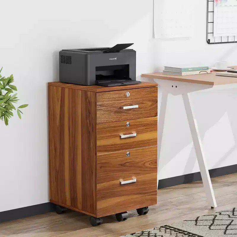 VINGLI 3-Drawer File Cabinet with Lock, Wood Rolling Filing Cabinets for Home Office, Mobile Printer Stand, Under Desk File Organizer
