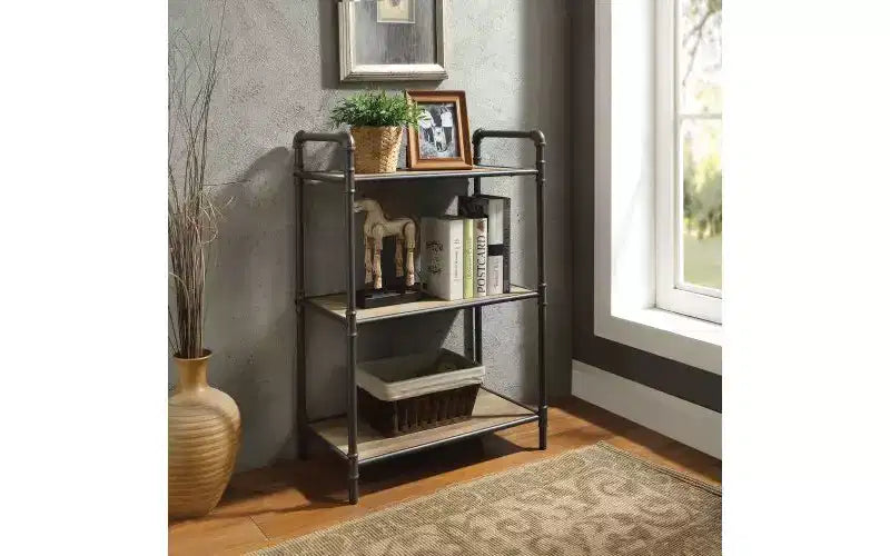 Rectangular Bookshelves,Open Storage Bookshelf with Round Metal Steel Tube,Bookcases for Living Room,Office,Grey+Oak